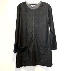 Velzera Black Chambray Tunic Mini Dress, Patch Pockets, No Collar, Size Small